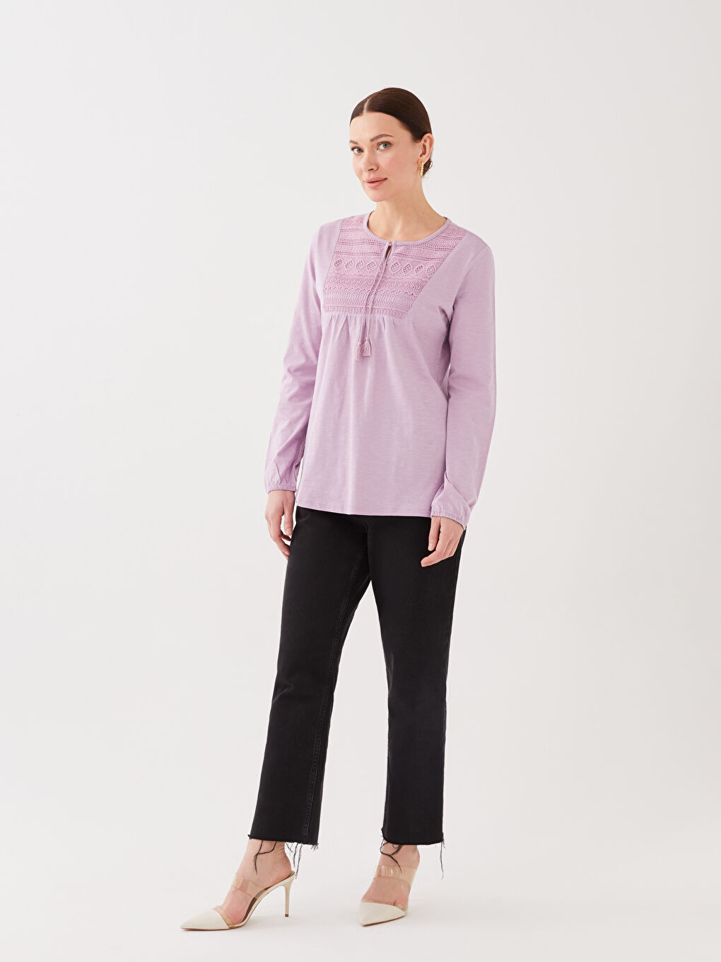 Lila Bağlamalı Yaka Nakışlı Uzun Kollu Kadın Bluz-2