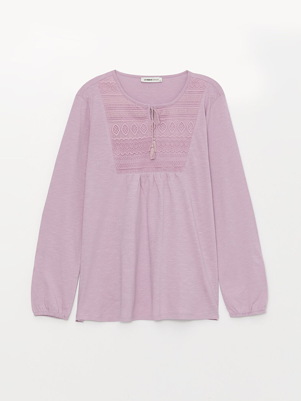 Lila Bağlamalı Yaka Nakışlı Uzun Kollu Kadın Bluz-5