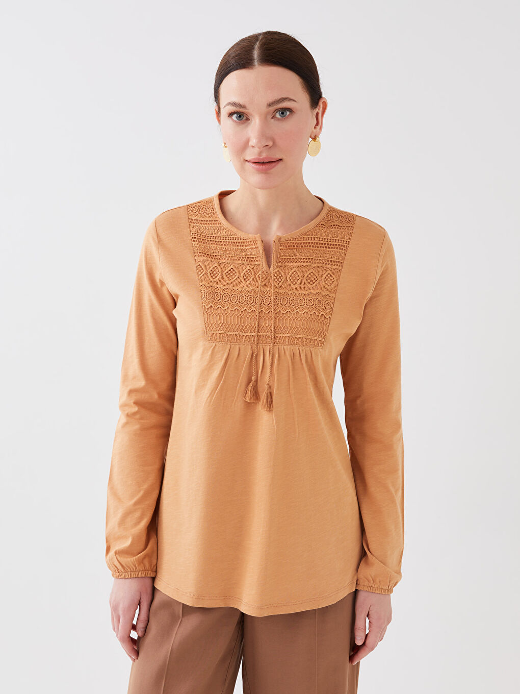 Tie Neck Embroidered Long Sleeve Women's Blouse