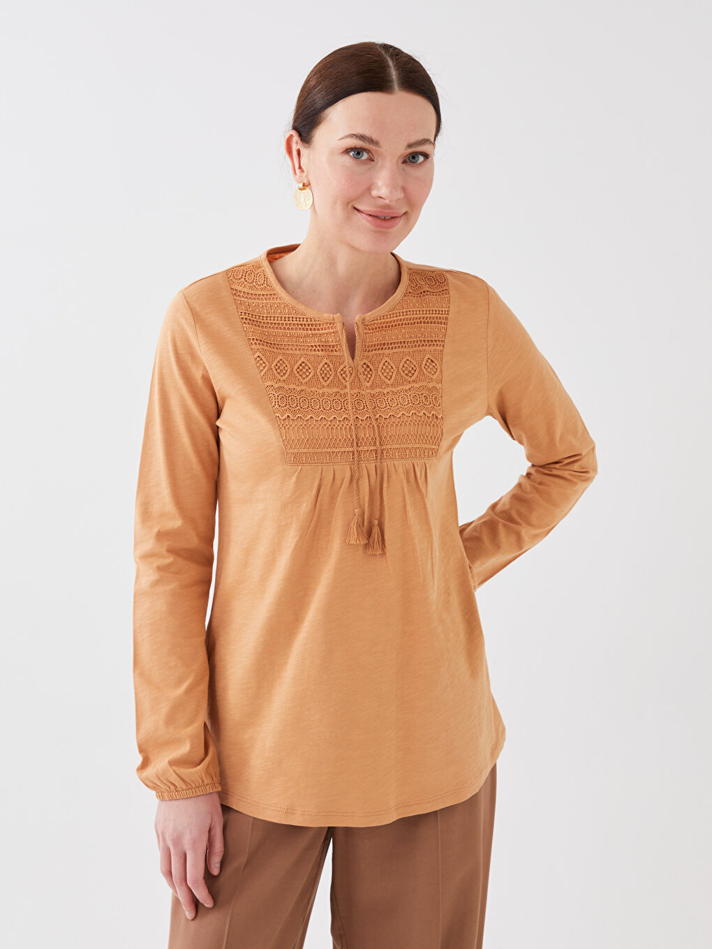 Tie Neck Embroidered Long Sleeve Women's Blouse-1