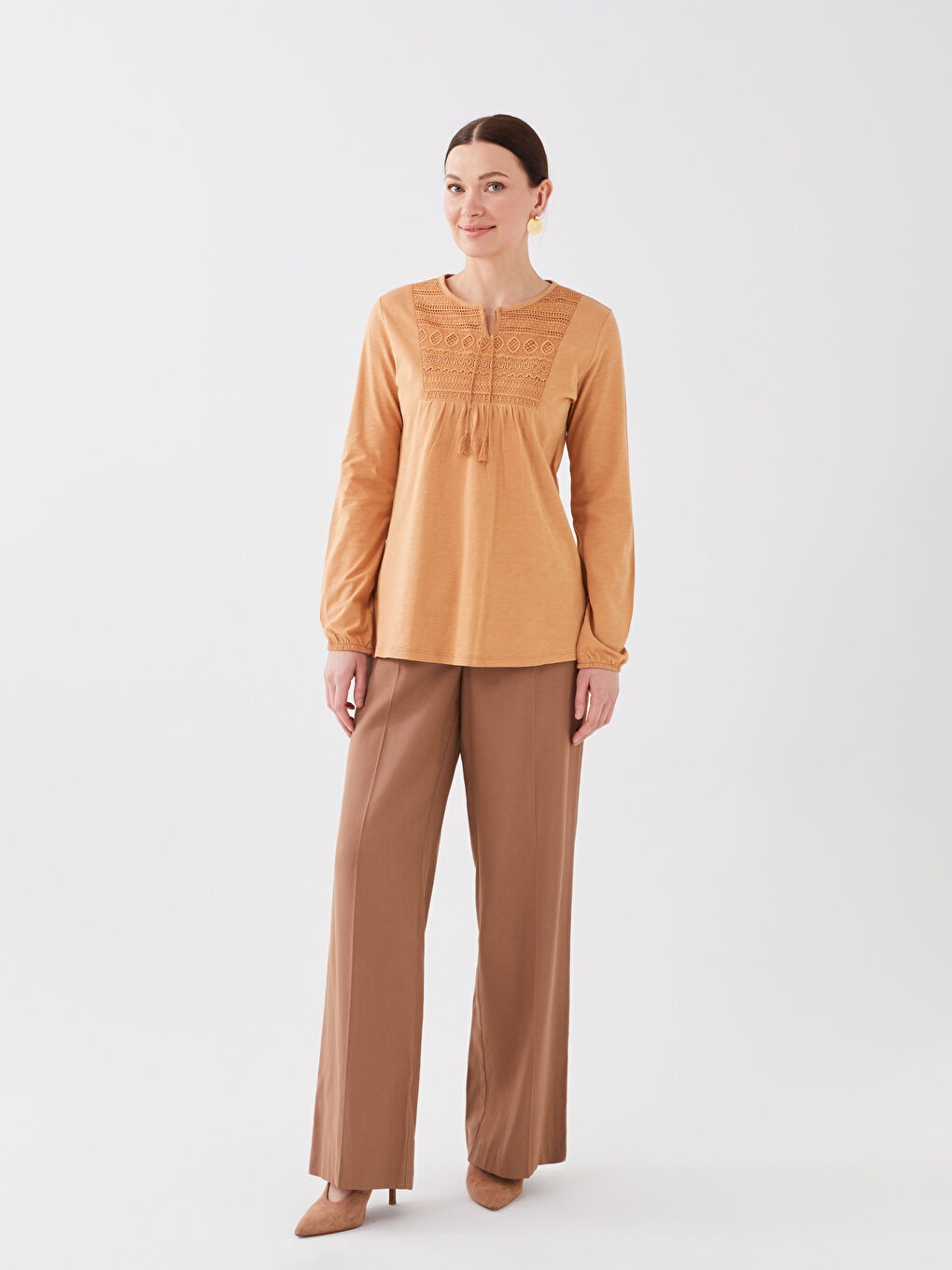 Tie Neck Embroidered Long Sleeve Women's Blouse-2