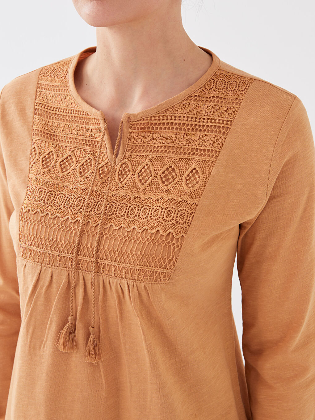 Tie Neck Embroidered Long Sleeve Women's Blouse-3