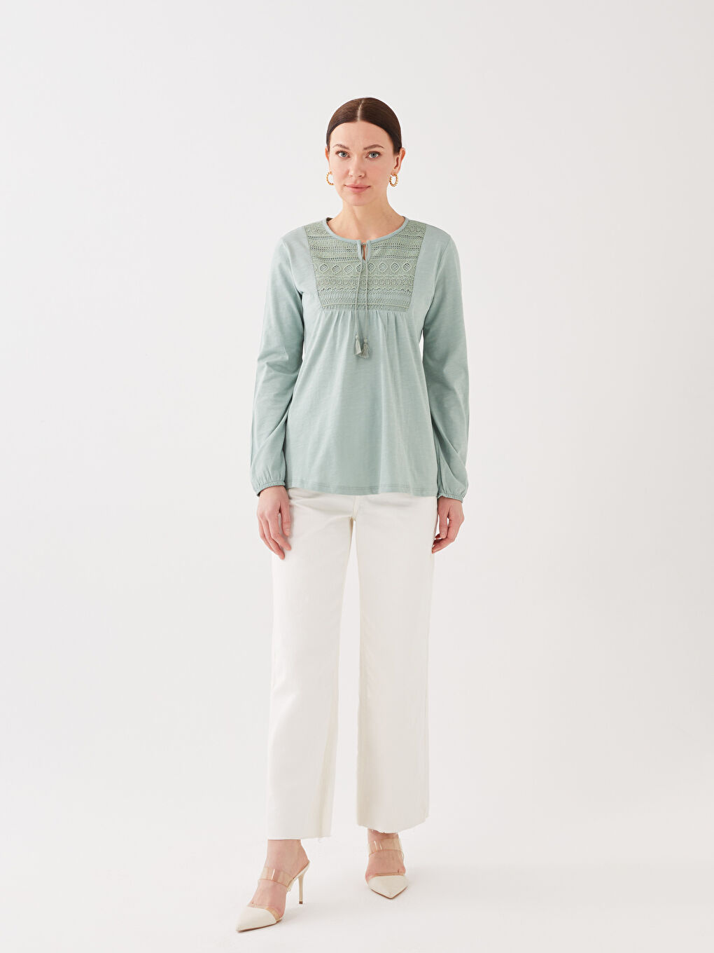 LCW Grace بلوزی ژنان قۆڵ درێژ یەخەی قردێلەیی نەخشێنراو -S33710Z8-GJM