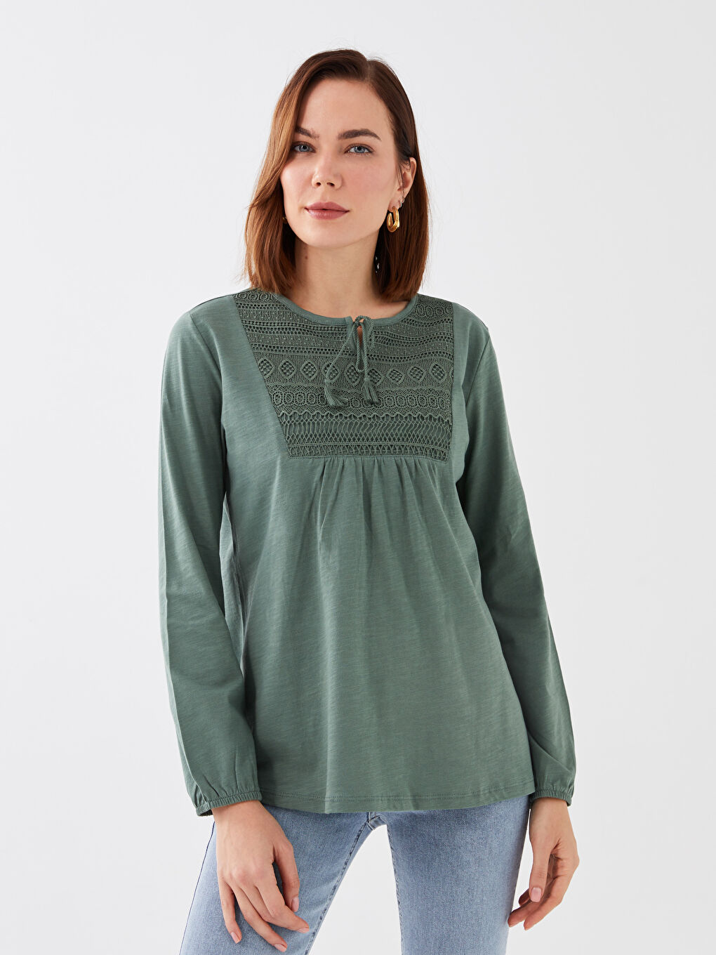 Tie Neck Embroidered Long Sleeve Women's Blouse