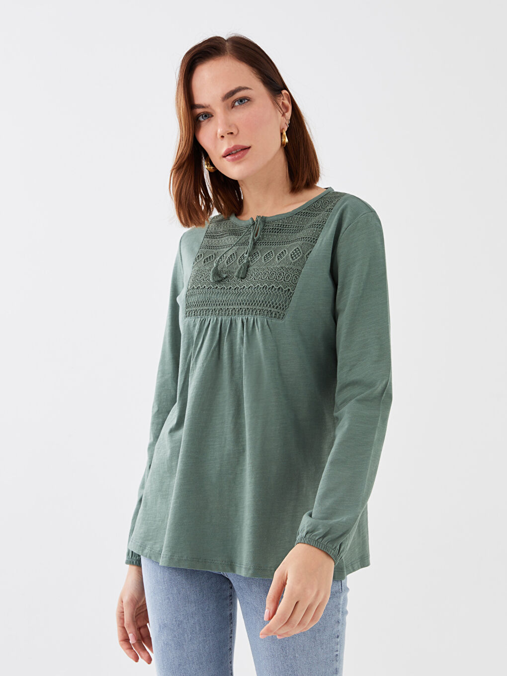 Tie Neck Embroidered Long Sleeve Women's Blouse-1