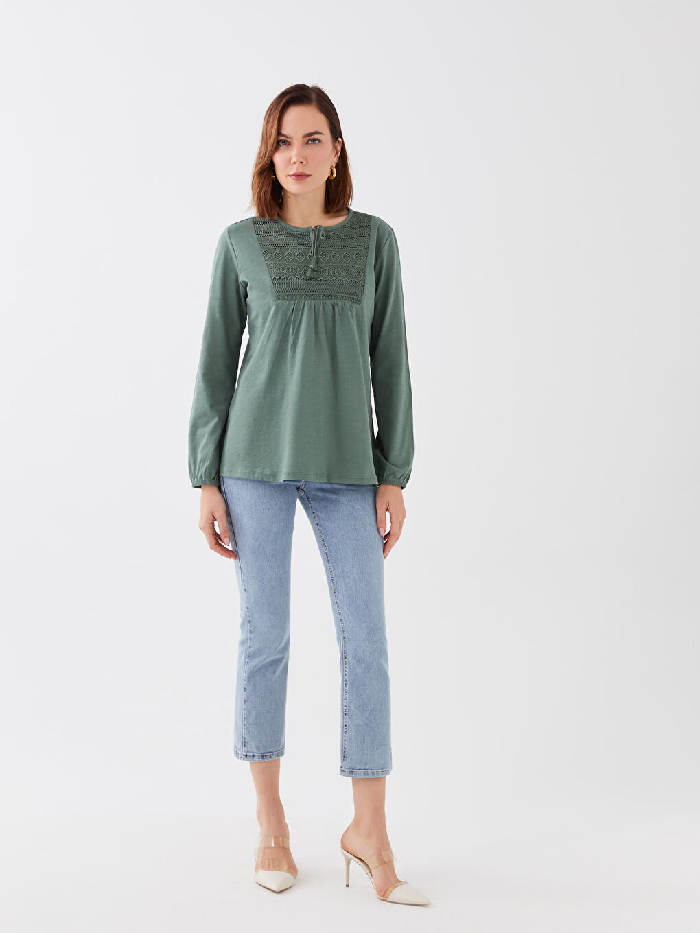 Tie Neck Embroidered Long Sleeve Women's Blouse-2