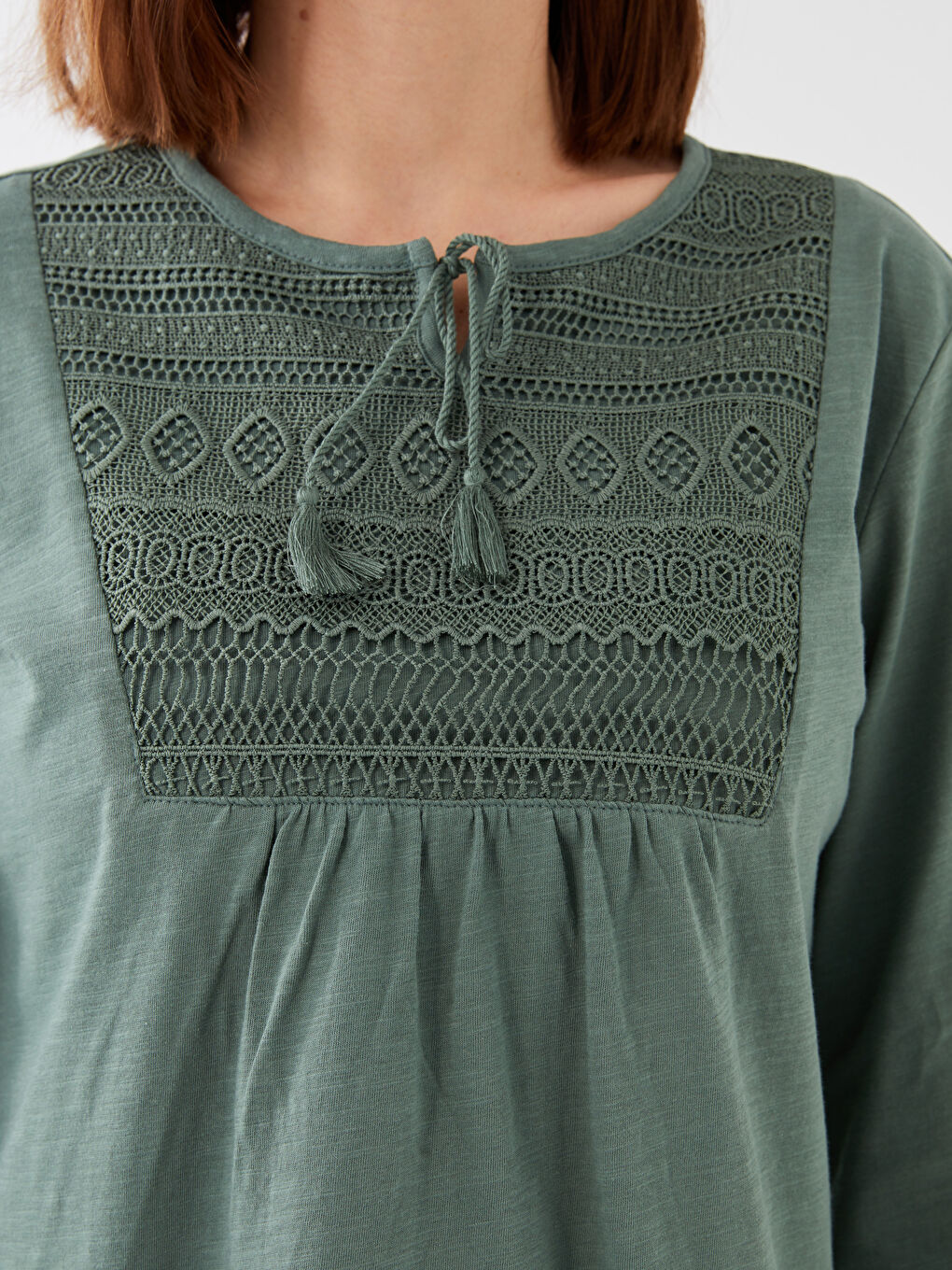 Tie Neck Embroidered Long Sleeve Women's Blouse-3