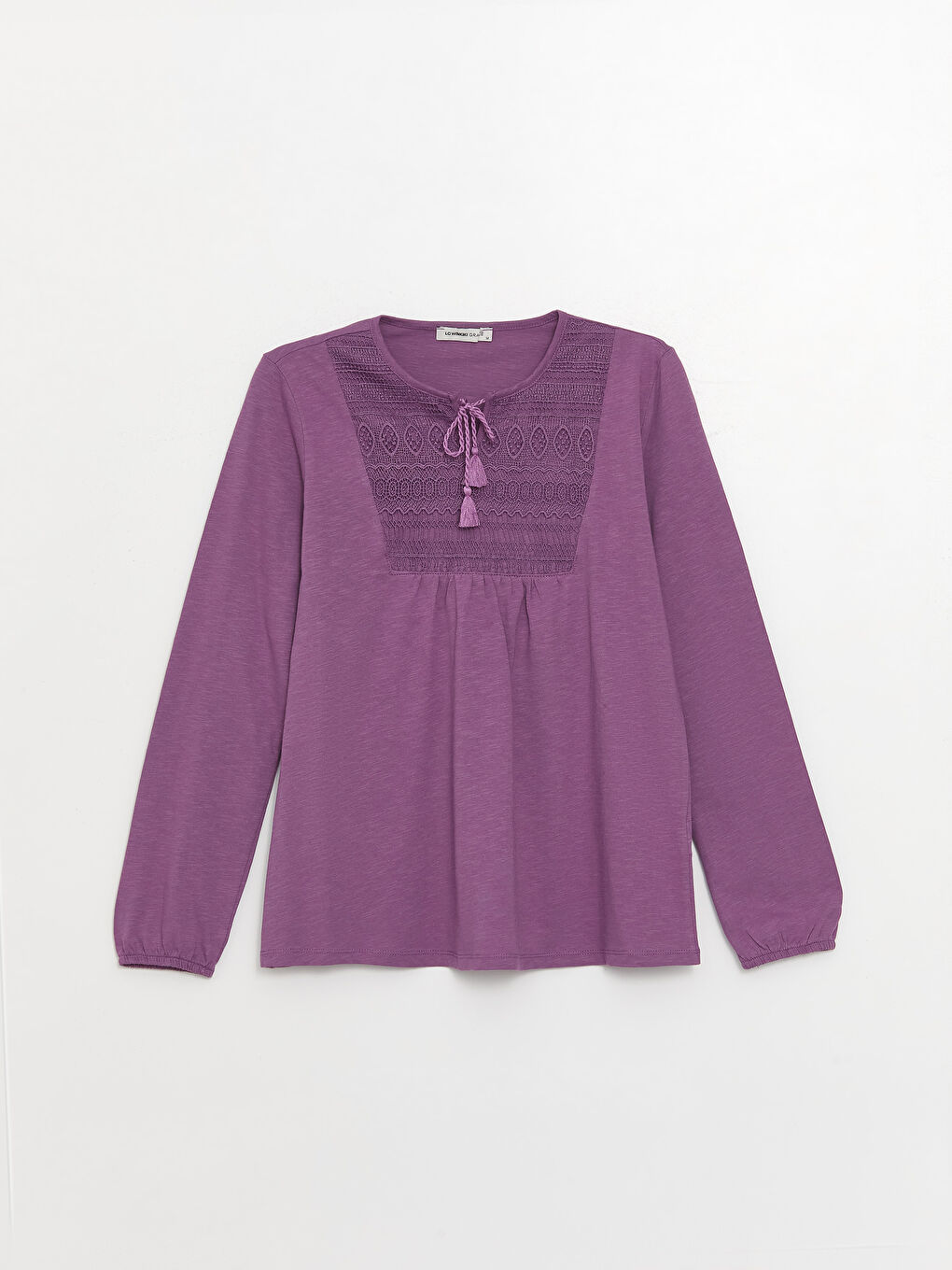 Mor Bağlamalı Yaka Nakışlı Uzun Kollu Kadın Bluz-5