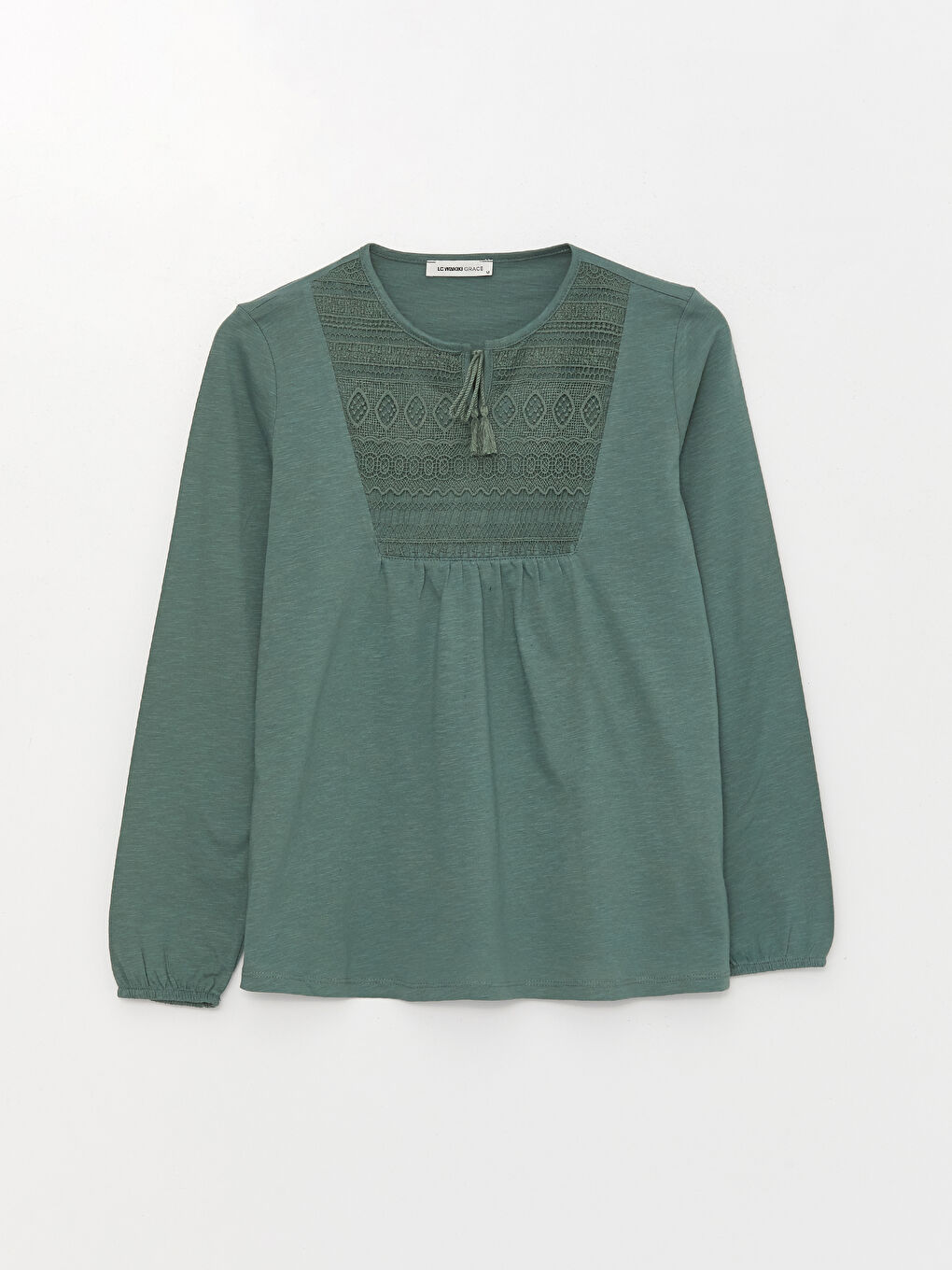 Yeşil Bağlamalı Yaka Nakışlı Uzun Kollu Kadın Bluz-5