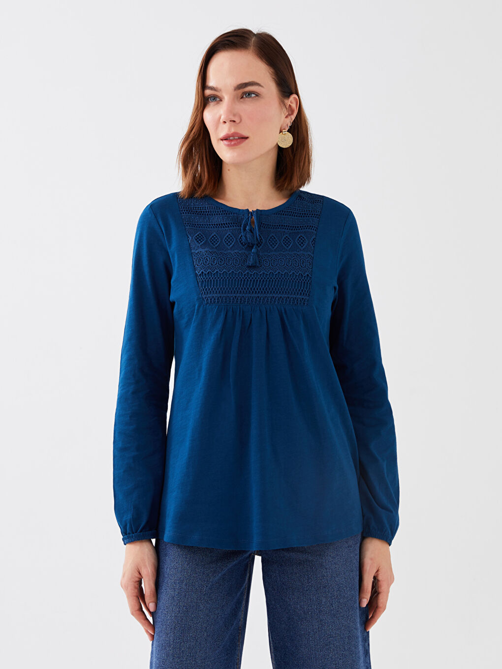 LCW Grace Tie Neck Embroidered Long Sleeve Women's Blouse