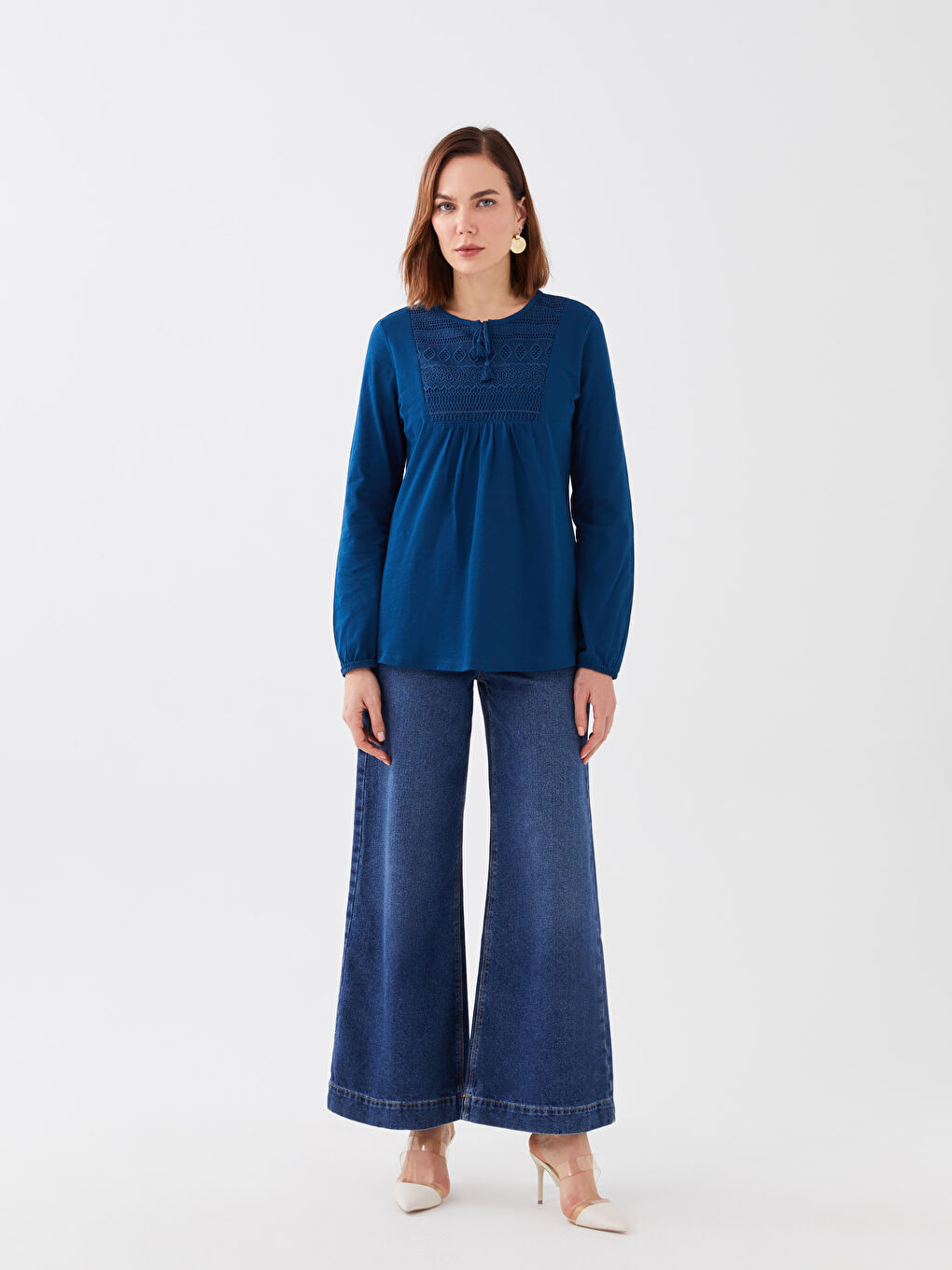 LCW Grace Tie Neck Embroidered Long Sleeve Women's Blouse