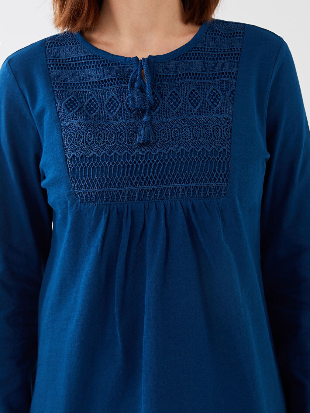Tie Neck Embroidered Long Sleeve Women's Blouse-3
