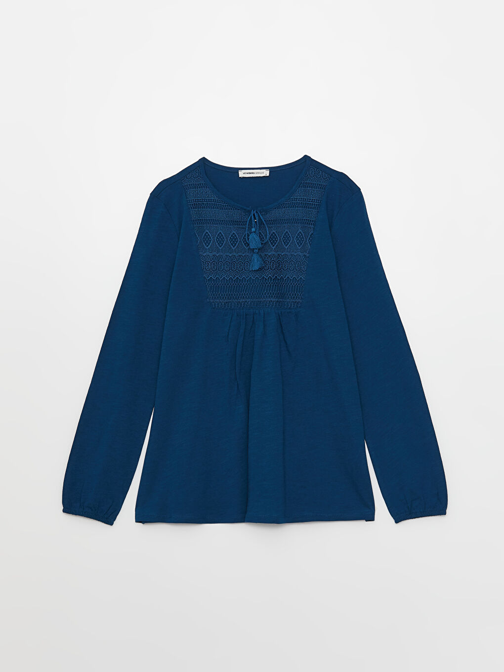 Tie Neck Embroidered Long Sleeve Women's Blouse-5