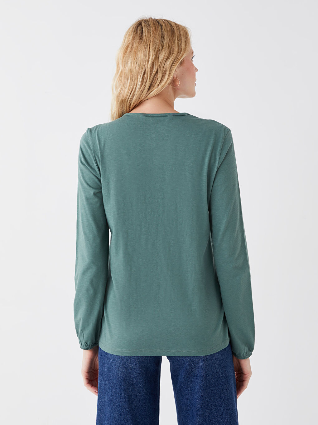 Yeşil Bağlamalı Yaka Nakışlı Uzun Kollu Kadın Bluz-4