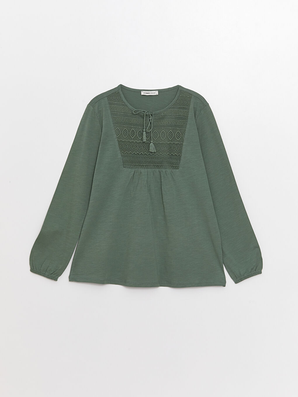 Tie Neck Embroidered Long Sleeve Women's Blouse-5