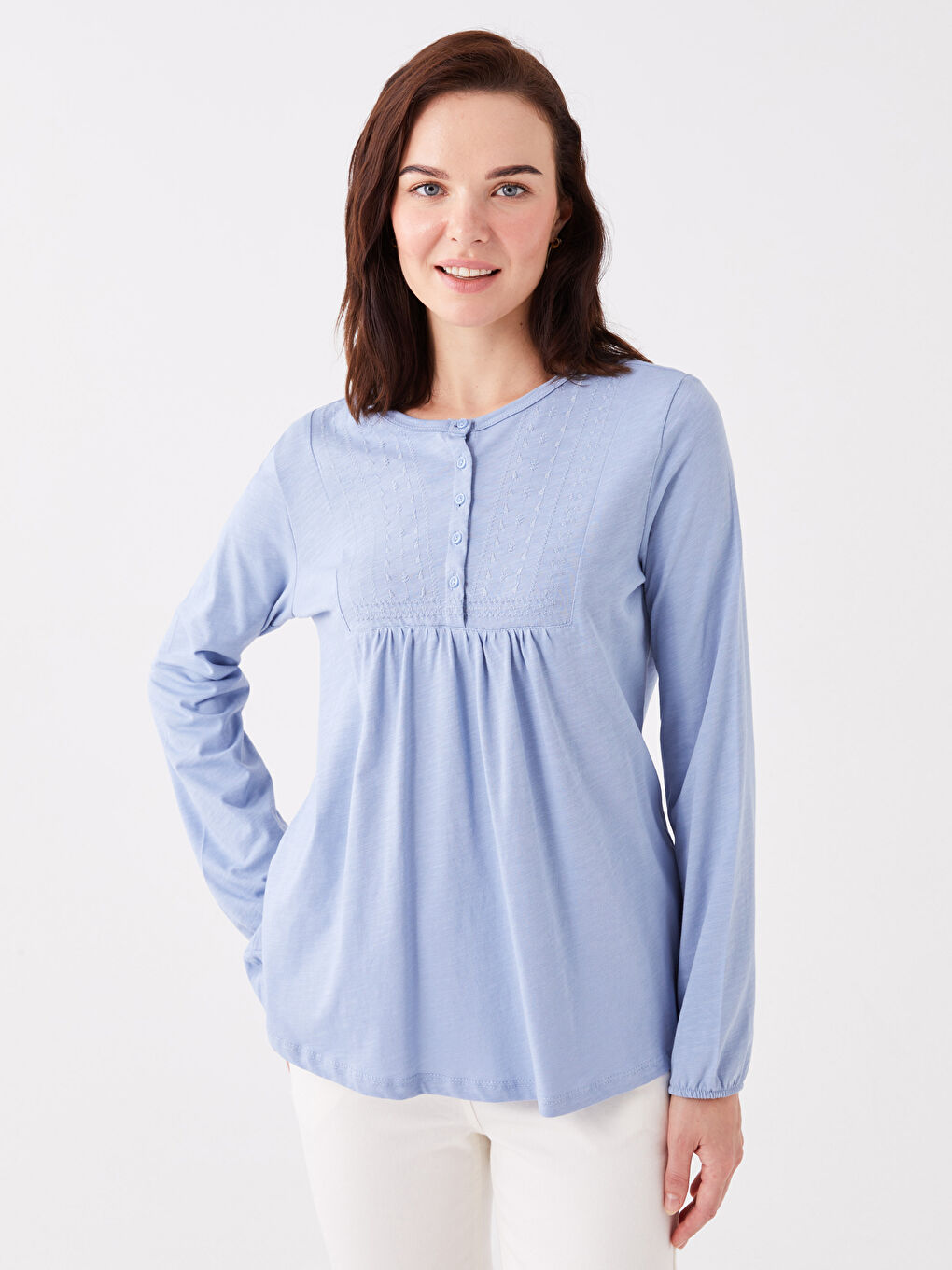 Crew Neck Embroidered Long Sleeve Women's Blouse