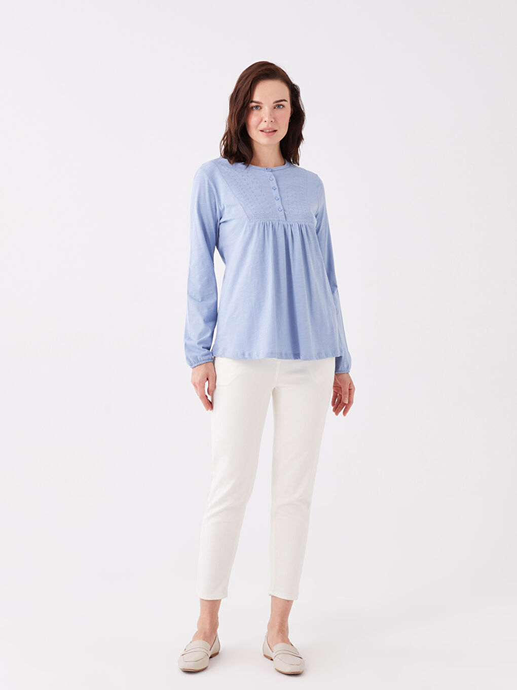 Crew Neck Embroidered Long Sleeve Women's Blouse-2