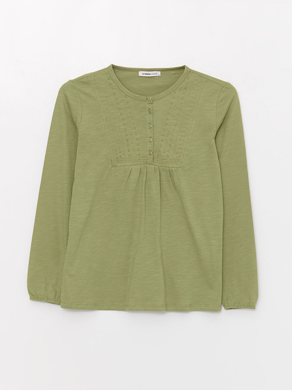 Yeşil Bisiklet Yaka Nakışlı Uzun Kollu Kadın Bluz-5