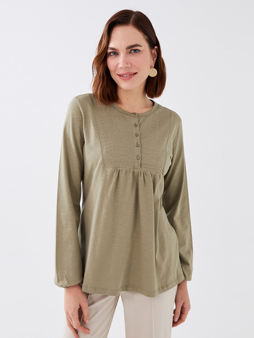 LCW Grace Crew Neck Embroidered Long Sleeve Women's Blouse -S33711Z8-GW9
