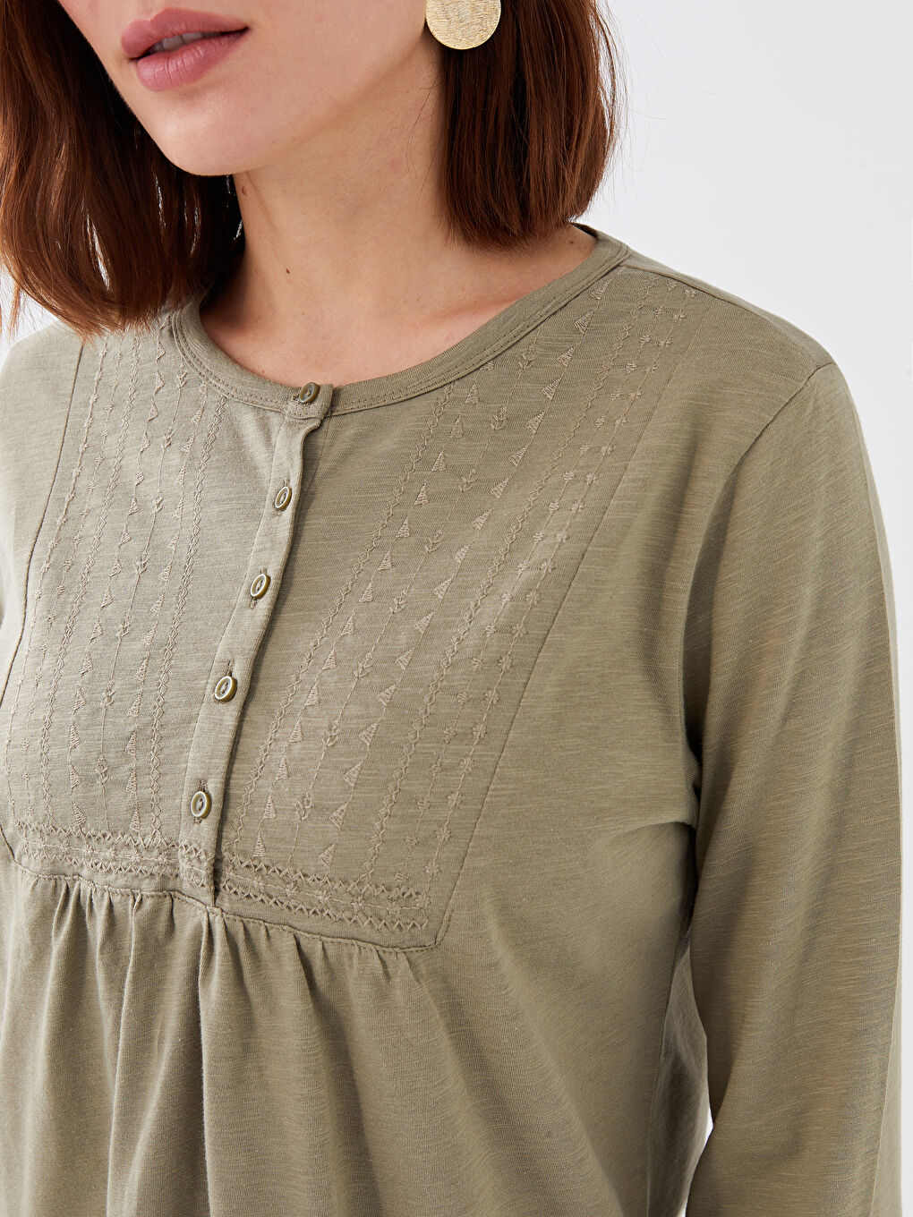 LCW Grace Crew Neck Embroidered Long Sleeve Women's Blouse -S33711Z8-GW9