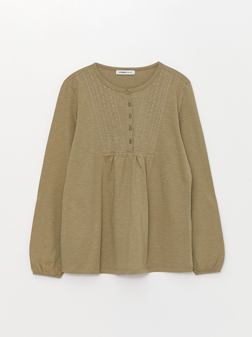 LCW Grace Crew Neck Embroidered Long Sleeve Women's Blouse -S33711Z8-GW9