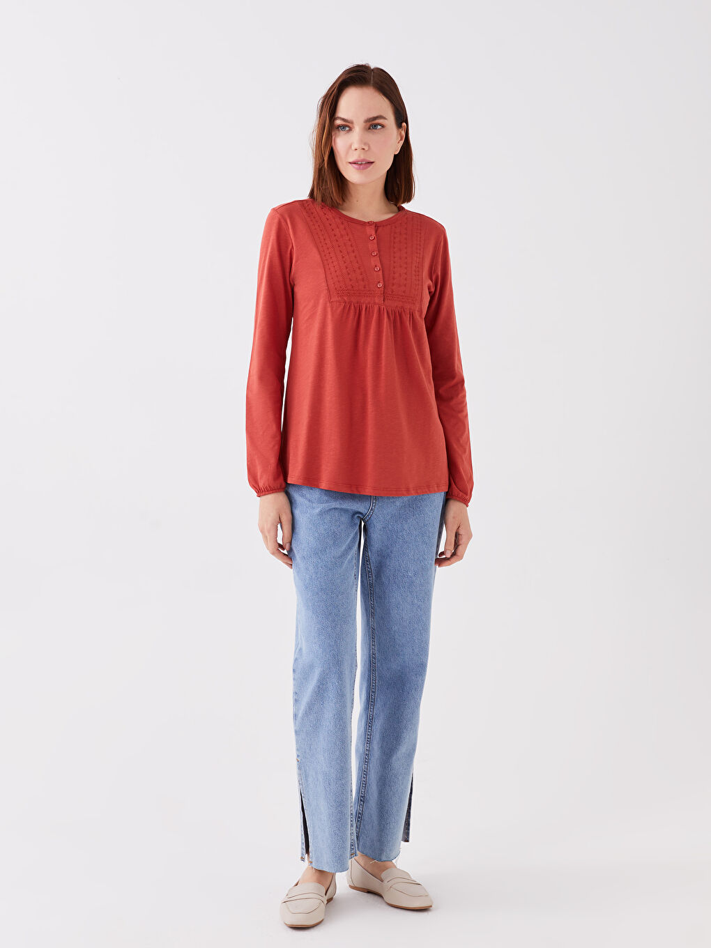 Turuncu Bisiklet Yaka Nakışlı Uzun Kollu Kadın Bluz-2