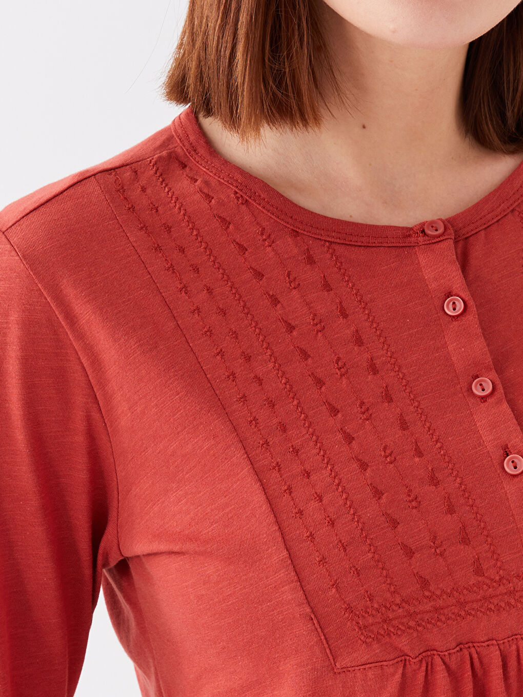 Turuncu Bisiklet Yaka Nakışlı Uzun Kollu Kadın Bluz-3