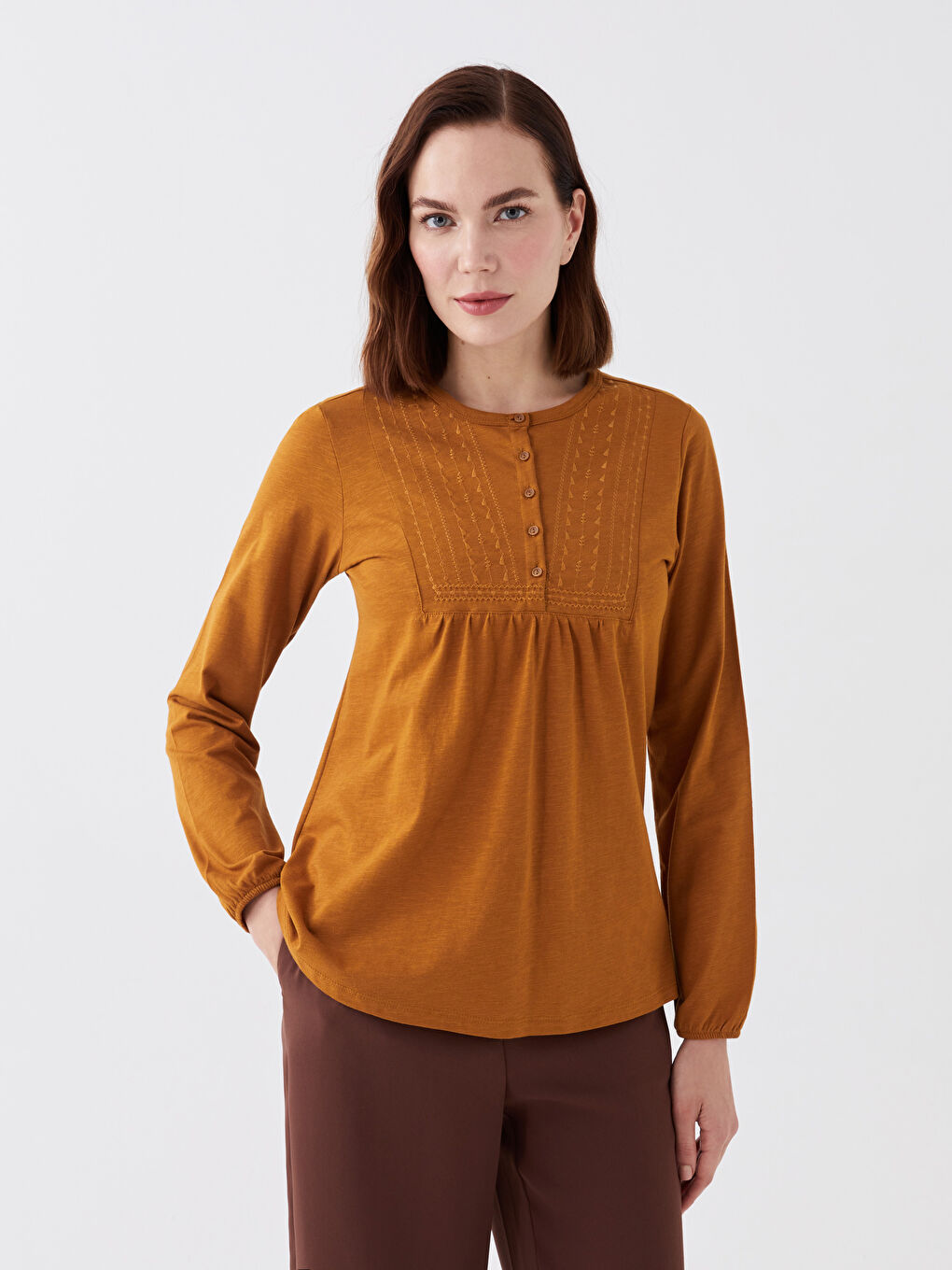 Crew Neck Embroidered Long Sleeve Women's Blouse