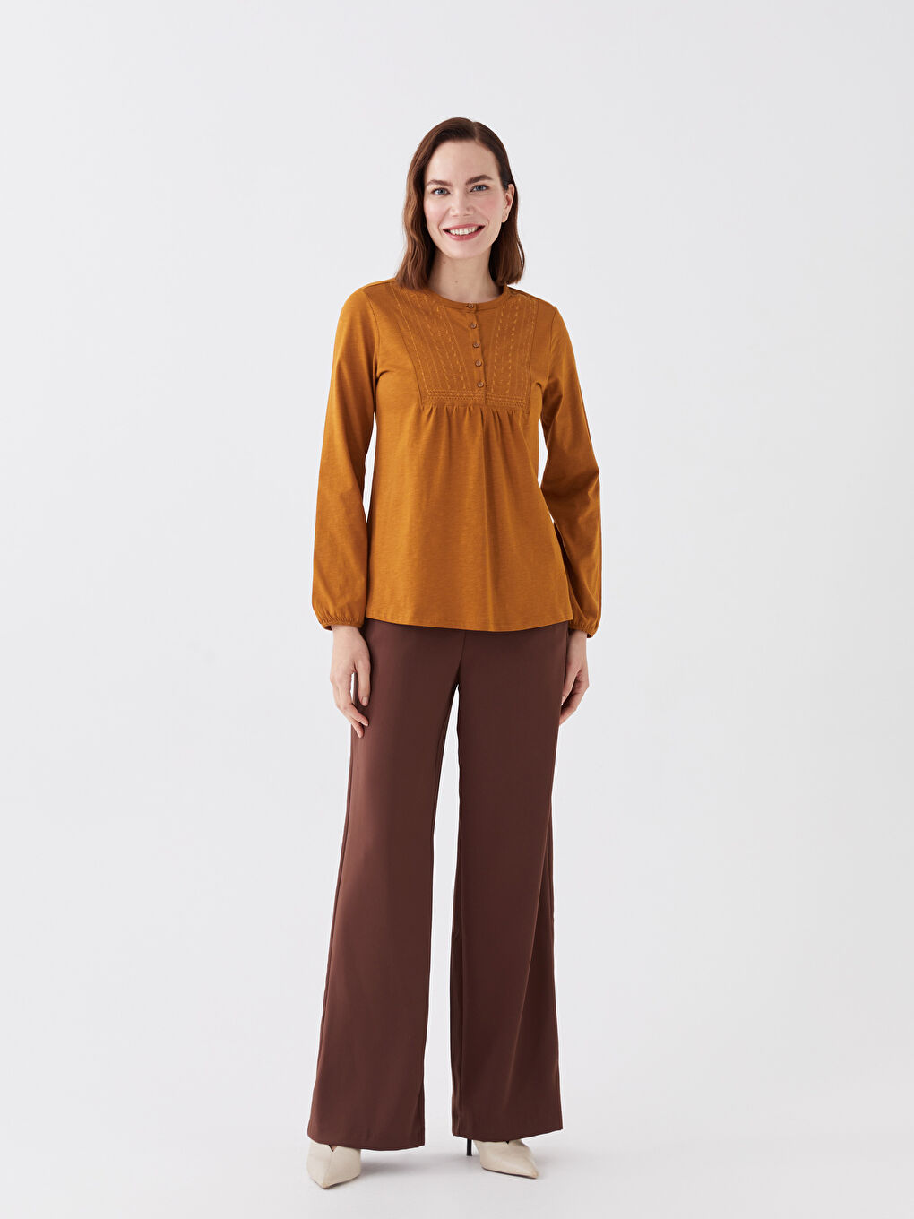 Crew Neck Embroidered Long Sleeve Women's Blouse-1