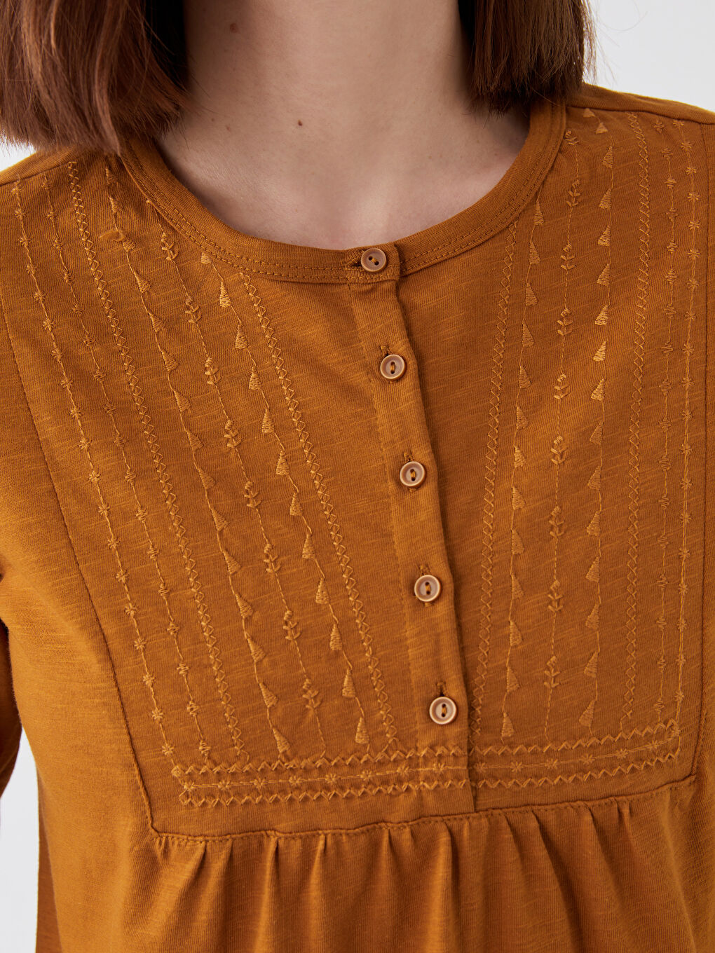 Crew Neck Embroidered Long Sleeve Women's Blouse-3