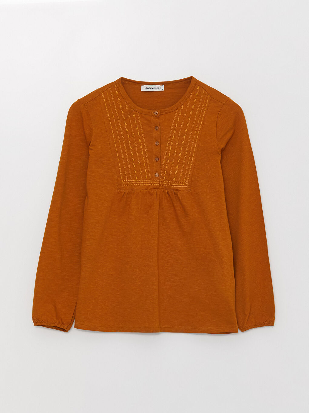 Crew Neck Embroidered Long Sleeve Women's Blouse-5