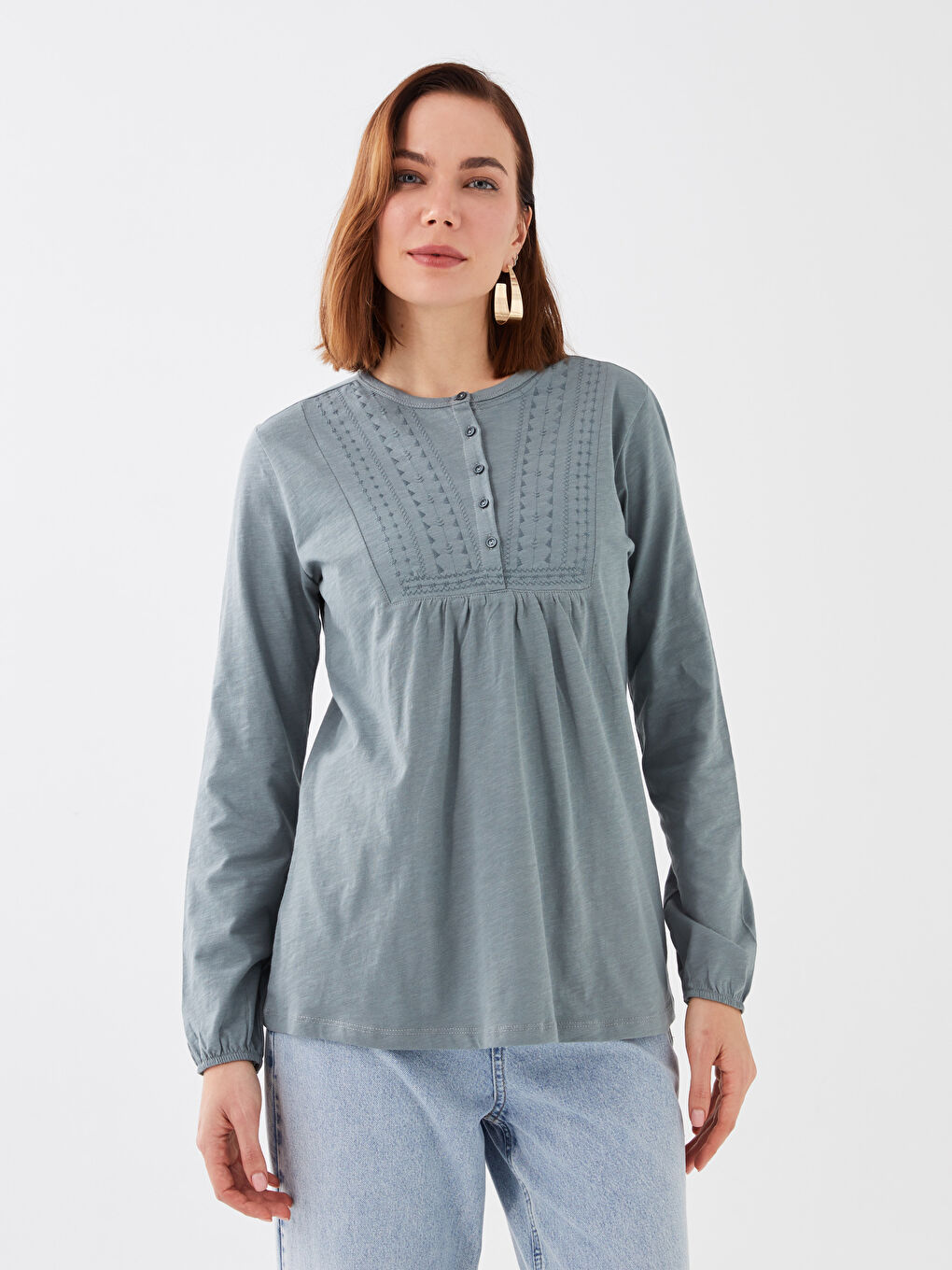 Mavi Bisiklet Yaka Nakışlı Uzun Kollu Kadın Bluz-1