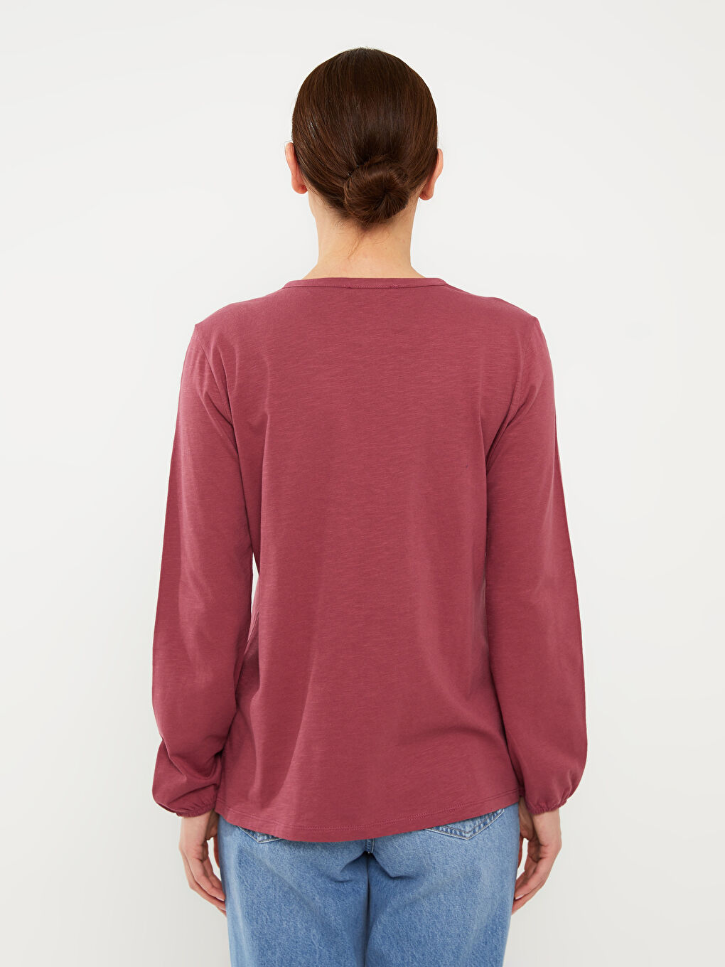 Pembe Bisiklet Yaka Nakışlı Uzun Kollu Kadın Bluz-4