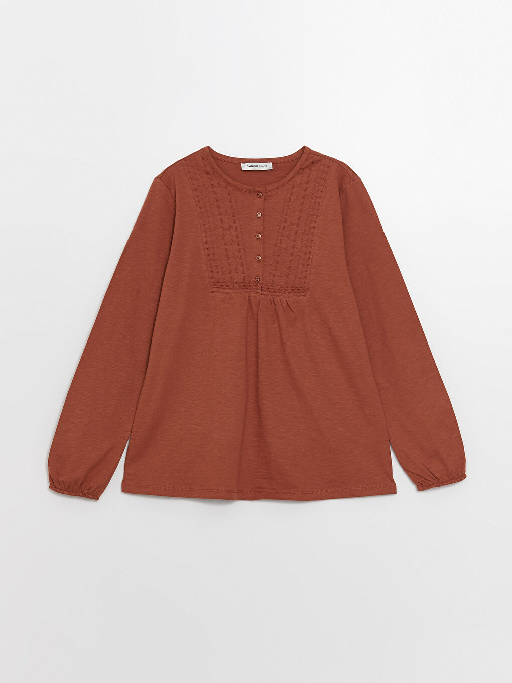 Kahverengi Bisiklet Yaka Nakışlı Uzun Kollu Kadın Bluz-5