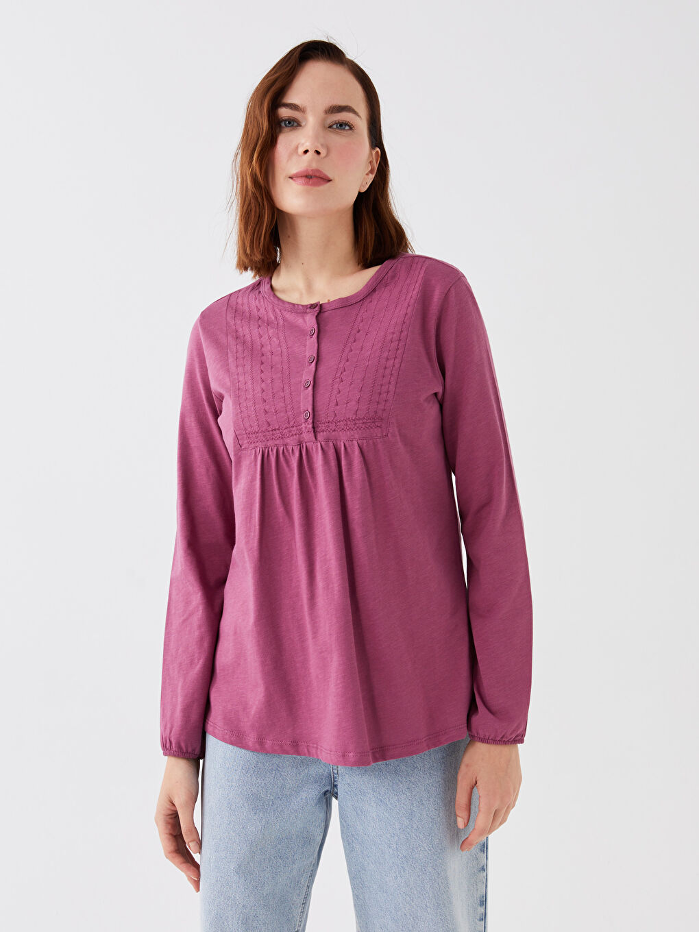 Mürdüm Bisiklet Yaka Nakışlı Uzun Kollu Kadın Bluz-1