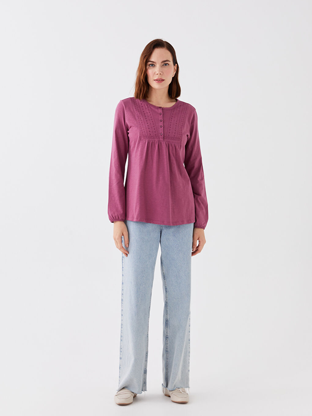 Mürdüm Bisiklet Yaka Nakışlı Uzun Kollu Kadın Bluz-2