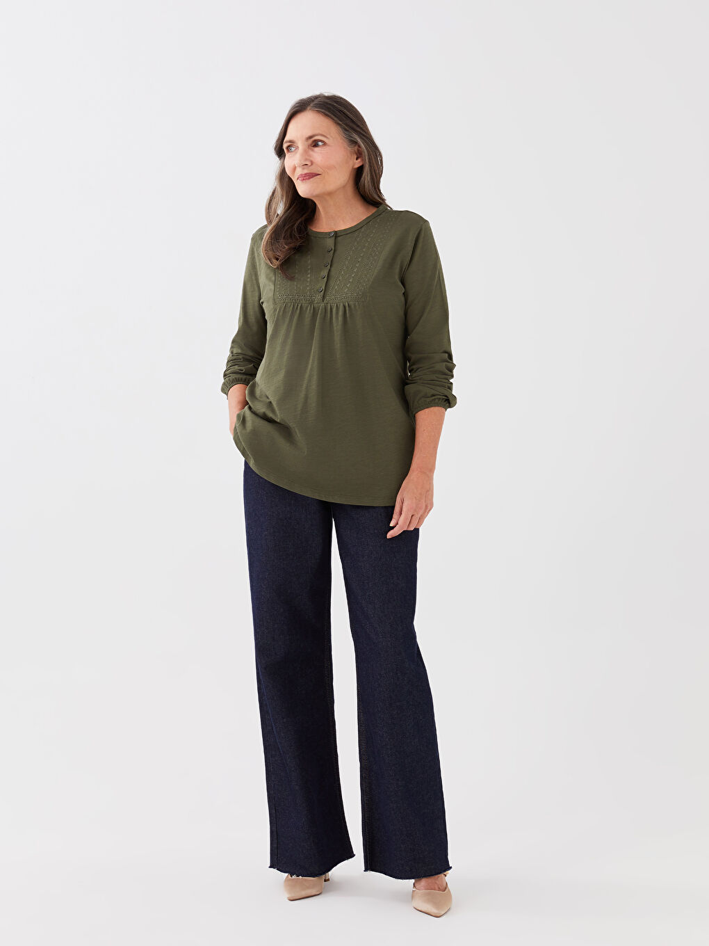 Haki Bisiklet Yaka Nakışlı Uzun Kollu Kadın Bluz-2