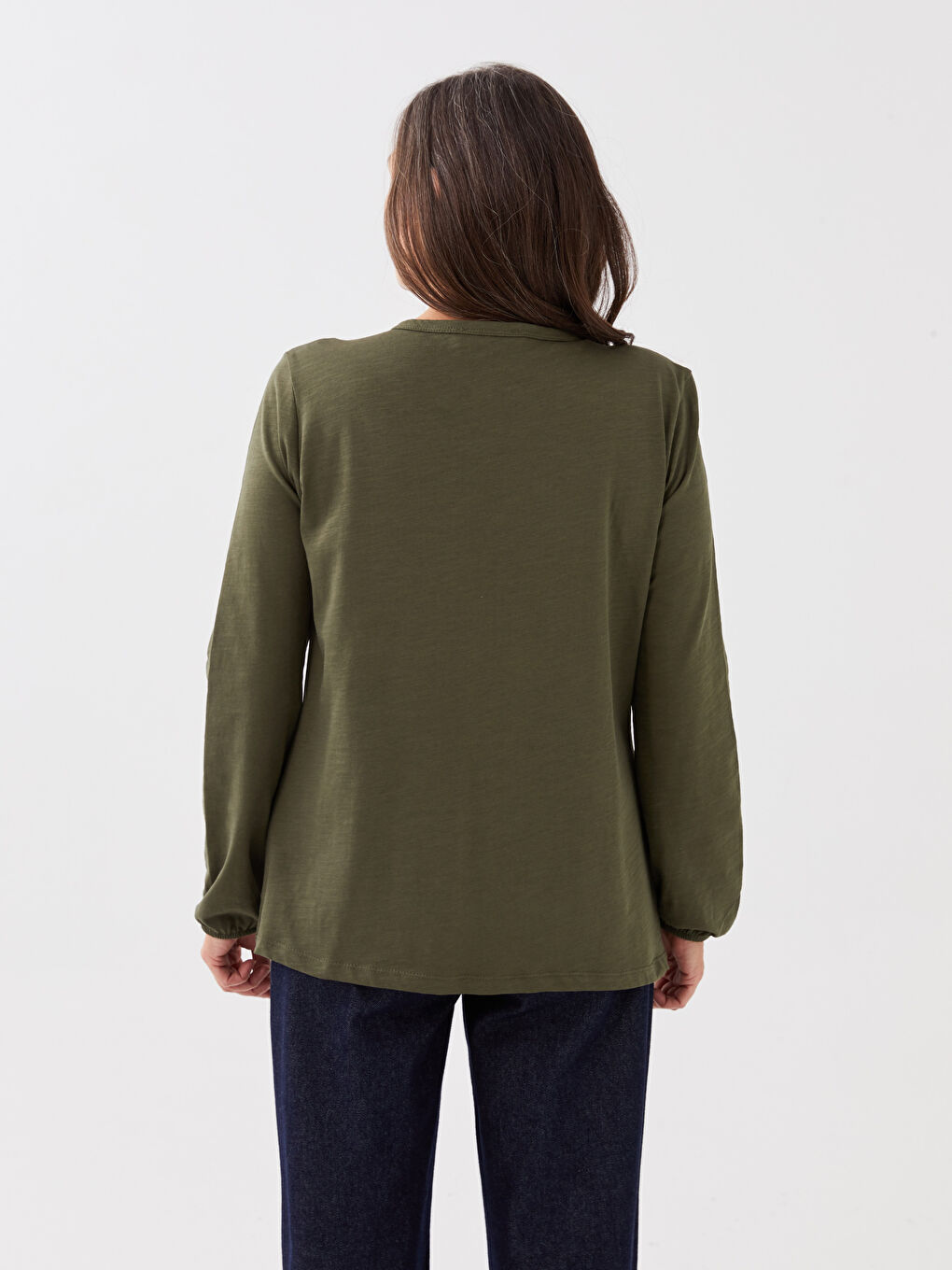 Haki Bisiklet Yaka Nakışlı Uzun Kollu Kadın Bluz-4