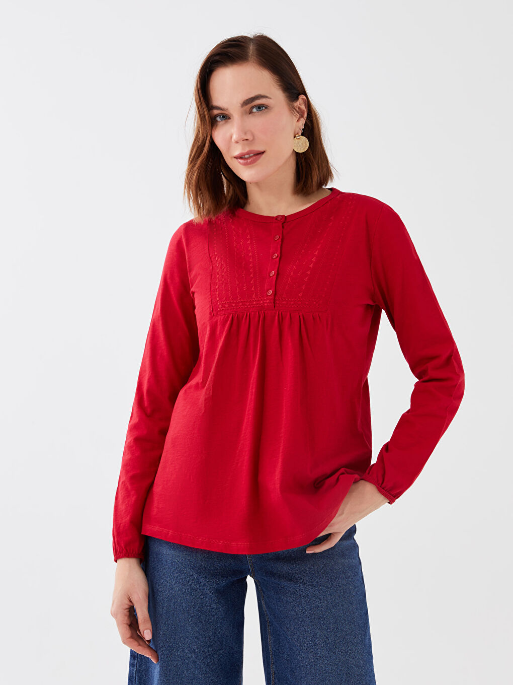 Kırmızı Bisiklet Yaka Nakışlı Uzun Kollu Kadın Bluz