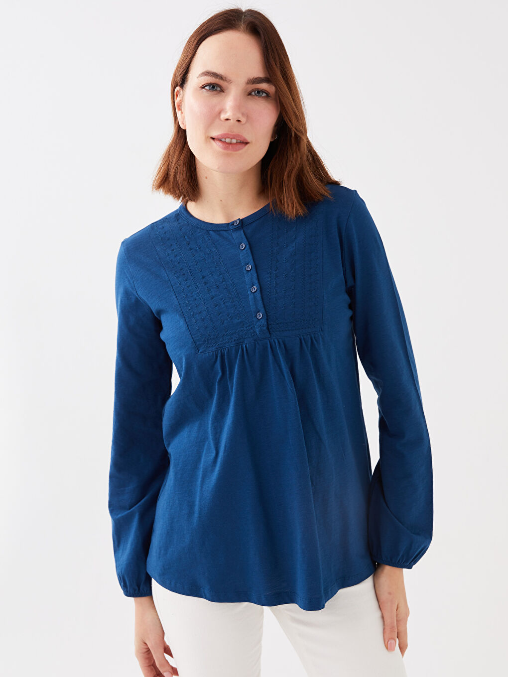 Petrol Bisiklet Yaka Nakışlı Uzun Kollu Kadın Bluz-1