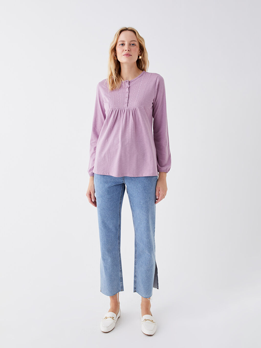 بلوزة كم طويل مطرزة بياقة دائرية للسيدات-2