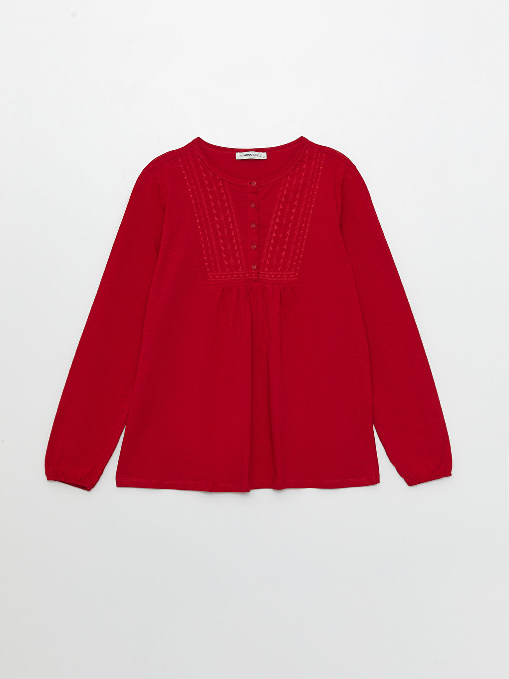 Kırmızı Bisiklet Yaka Nakışlı Uzun Kollu Kadın Bluz-5