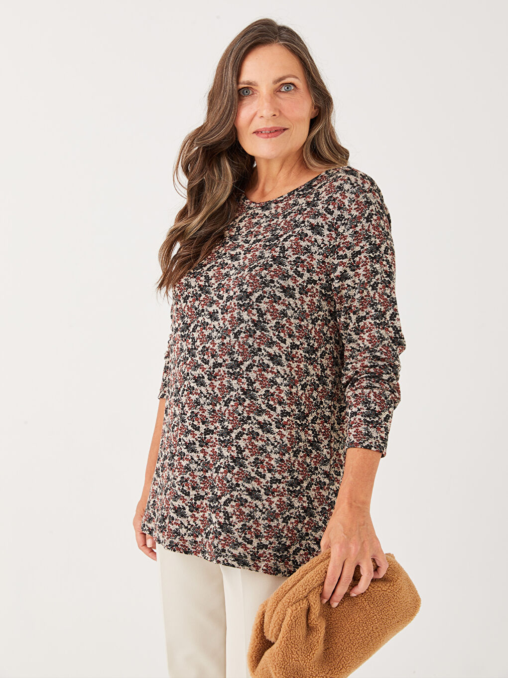 Crew Neck Patterned Long Sleeve Women's T-Shirt-1