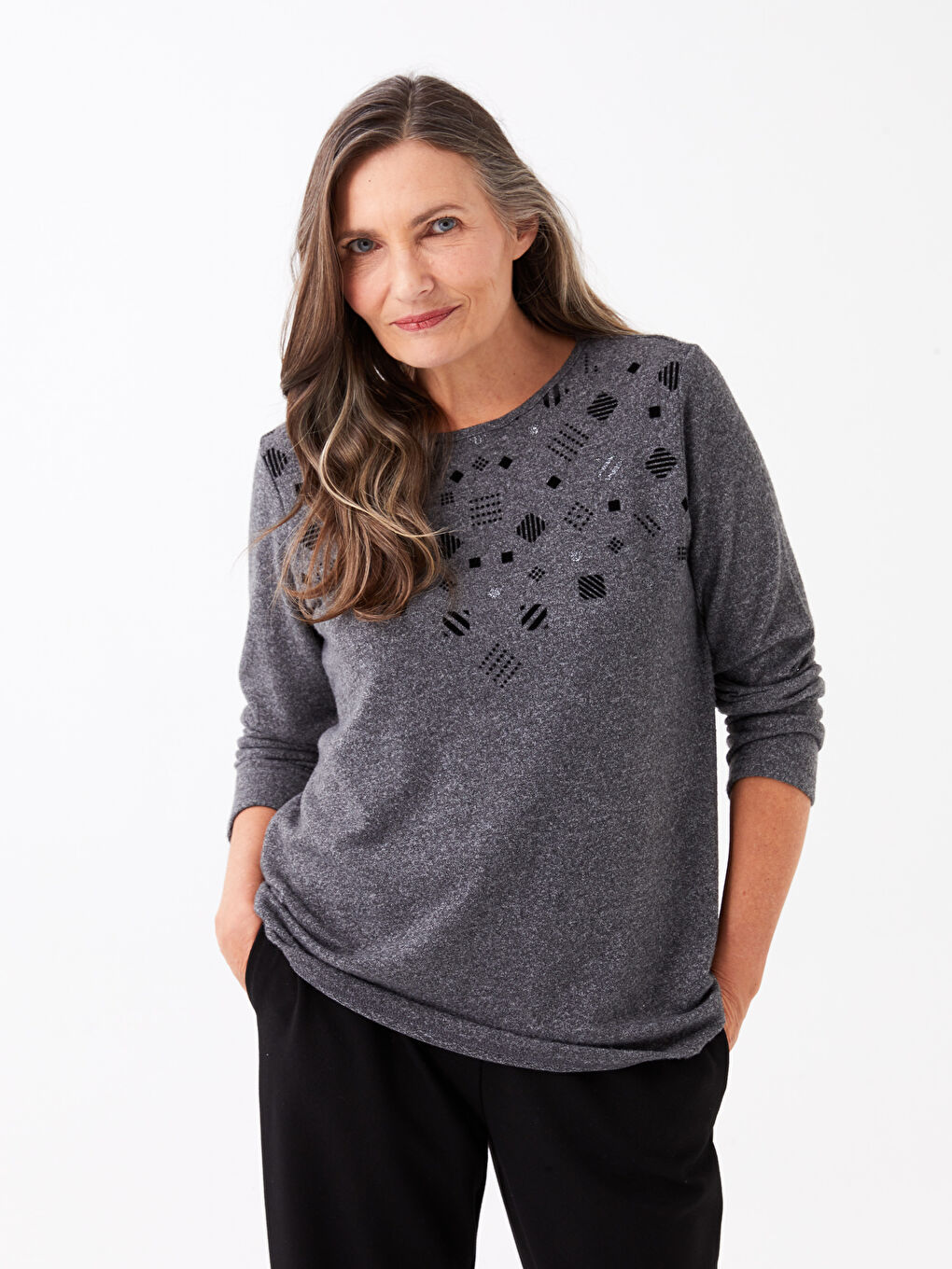 Crew Neck Patterned Long Sleeve Women's Jumper
