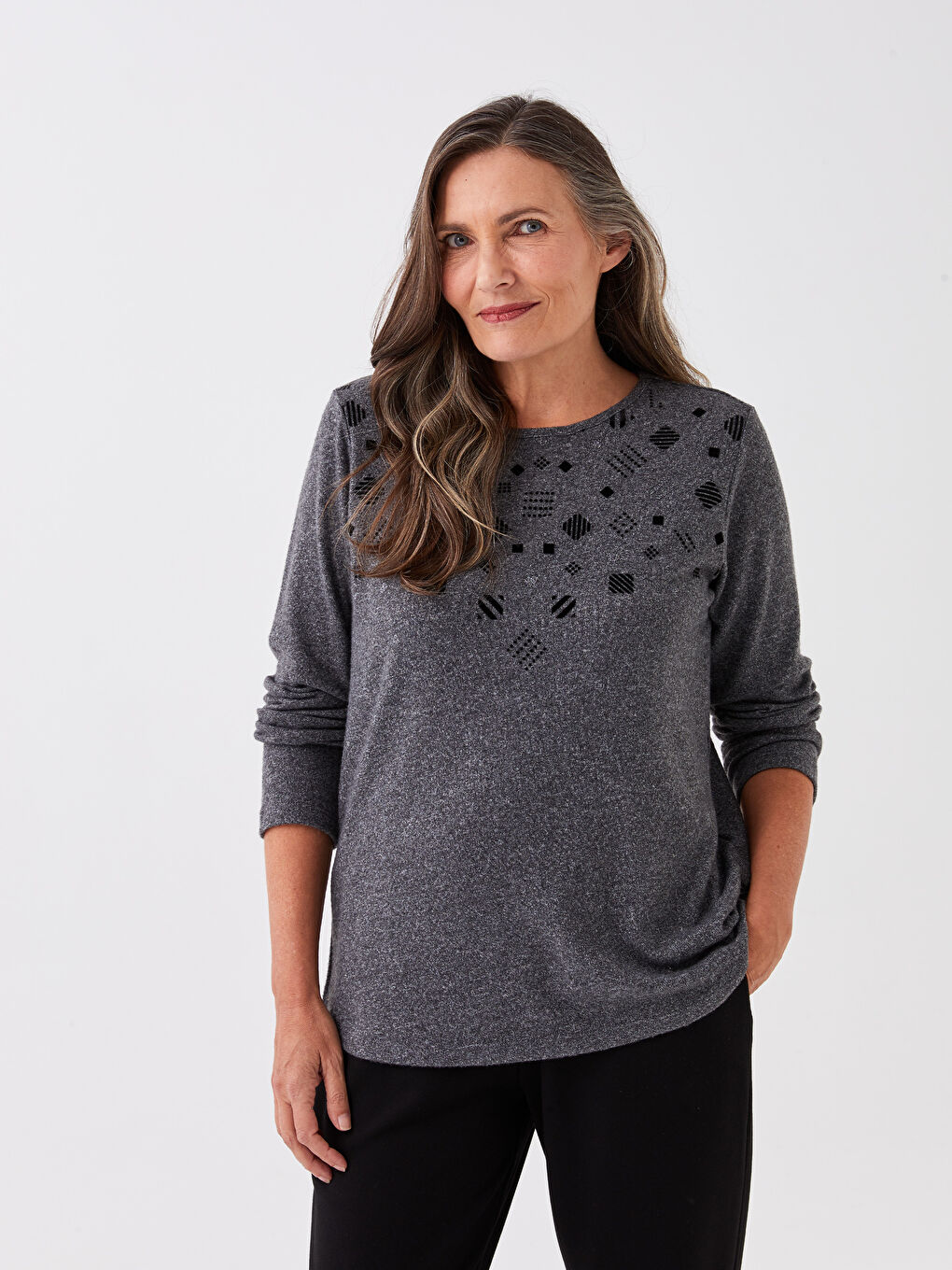 Crew Neck Patterned Long Sleeve Women's Jumper-1