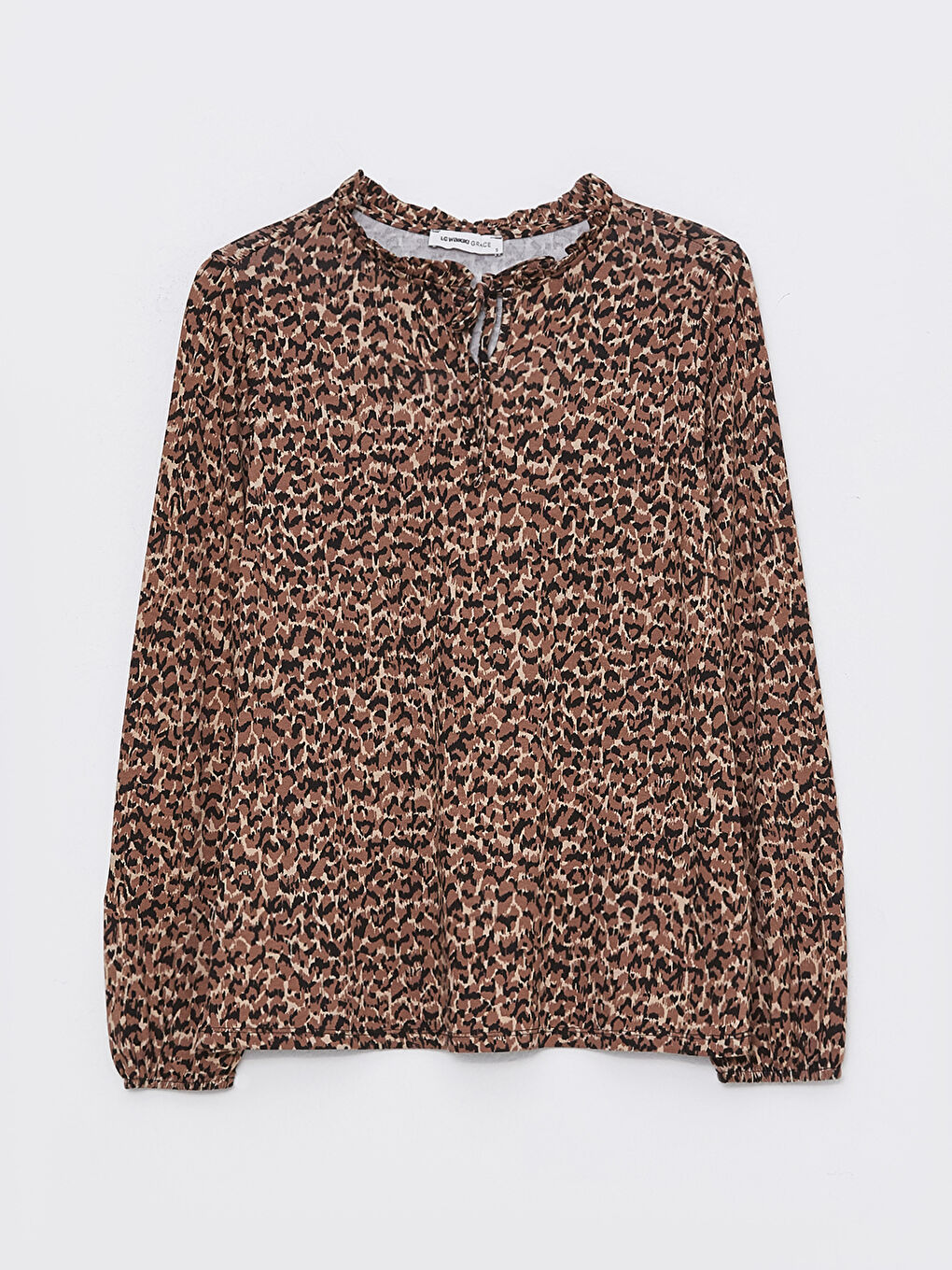 Bej Bağlamalı Yaka Desenli Uzun Kollu Kadın Bluz-5