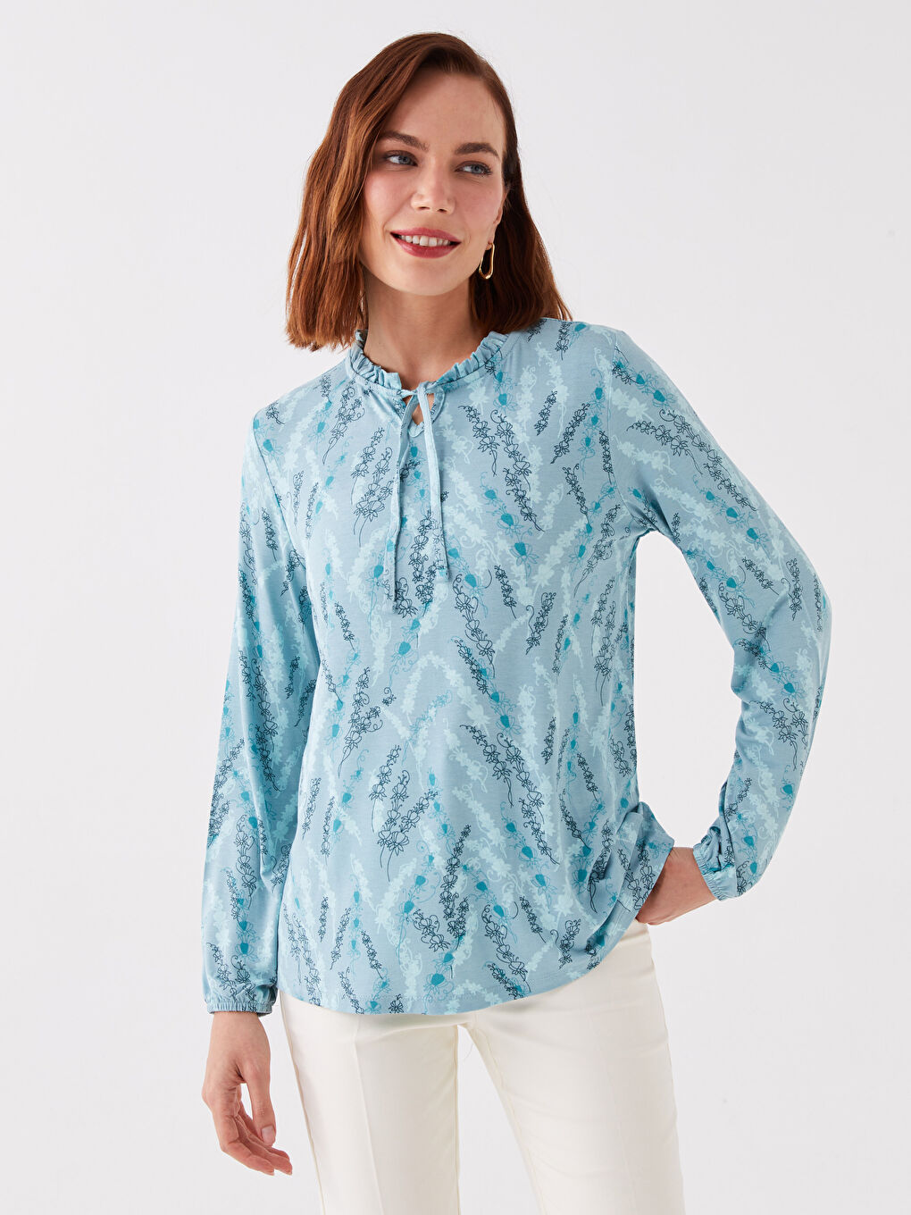 Tie Neck Patterned Long Sleeve Women's Blouse
