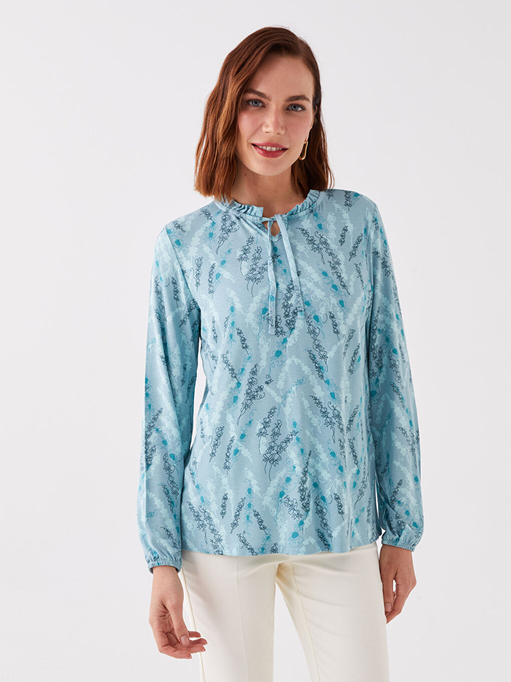Tie Neck Patterned Long Sleeve Women's Blouse-1