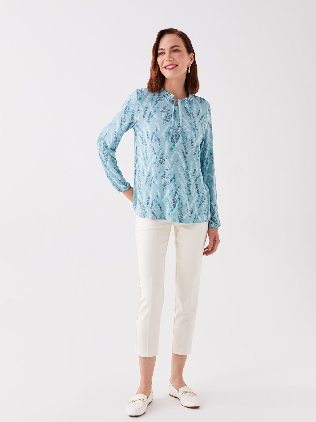 Tie Neck Patterned Long Sleeve Women's Blouse-2