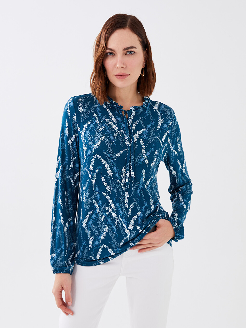 Tie Neck Patterned Long Sleeve Women's Blouse